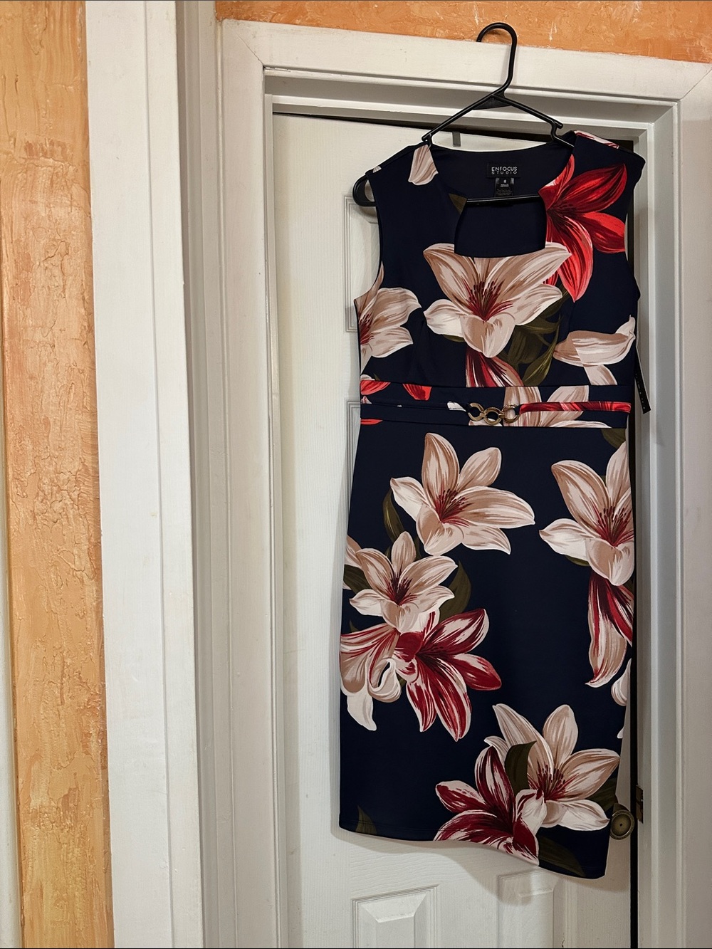 Enfocus Studio Navy Sheath Dress with Cream and Red Floral Print